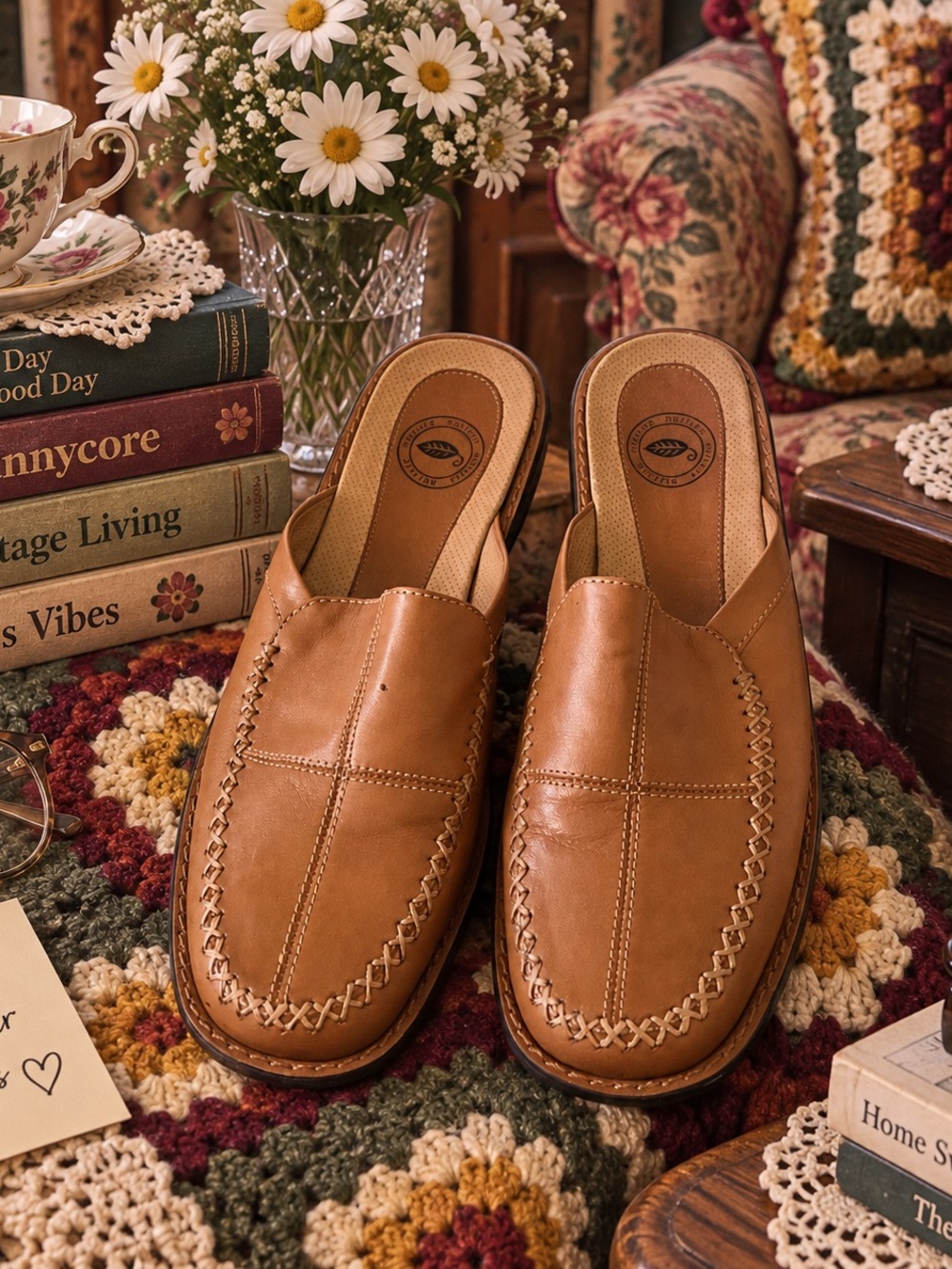 Nurture Women’s 100% Genuine Leather Slide Mules Clogs in Tan